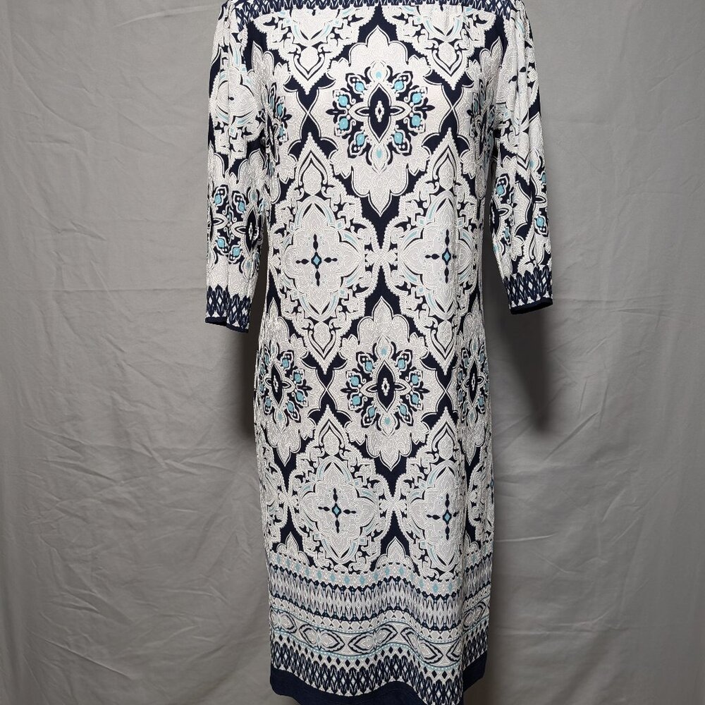 Studio One Navy White Geometric Sheath Dress 3/4 Sleeve‎ Boho Women's Medium